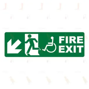 Fire exit with Disabled symbol arrow down left